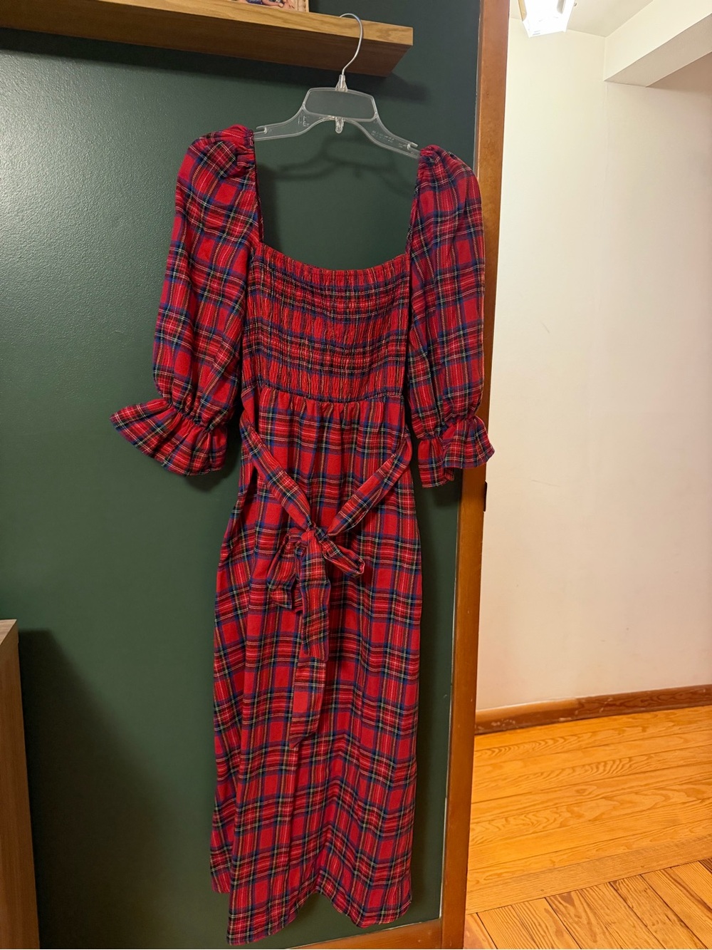Cupshe Red Plaid Smocked Midi Dress with Puff Sleeves